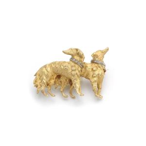 Broche Animalière Lévriers En Or 18 Karats Et Diamants Et Platine, Broche Chiens