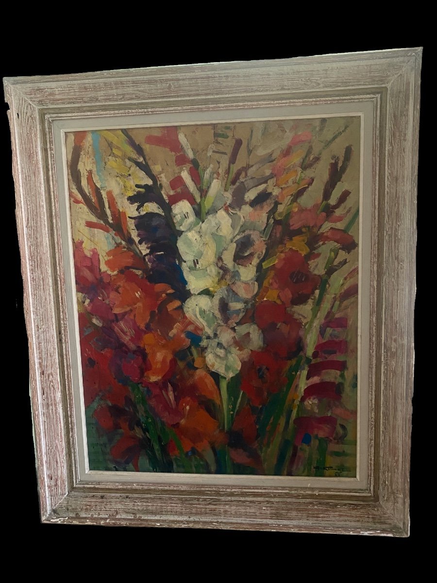 Painting Bouquet Of Flowers 1955 Sign Martinet 