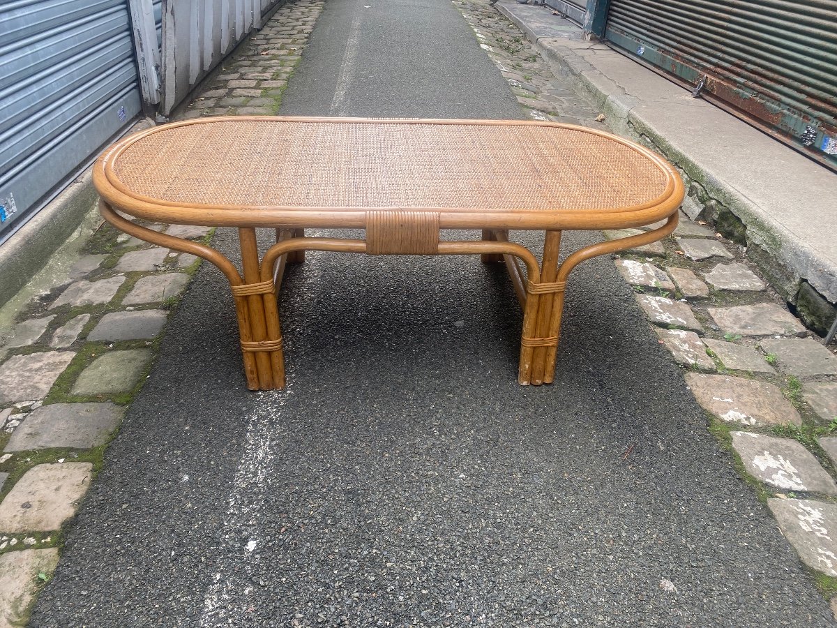 Table  Basse En Osier Et Rotin Des Années  1970 