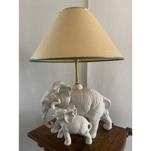 Lampe En Céramique Blanche à Décor D éléphants XX Eme 