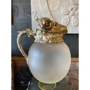 Carafe à Décanter Verre Et Métal Tête De Bélier XX Eme