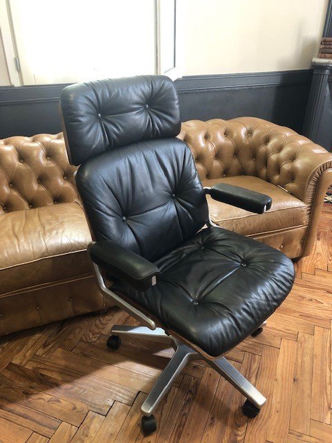 Fauteuil De Bureau  1970 Stoll /Giroflex En Cuir Noir Par Karl Ditter-photo-3