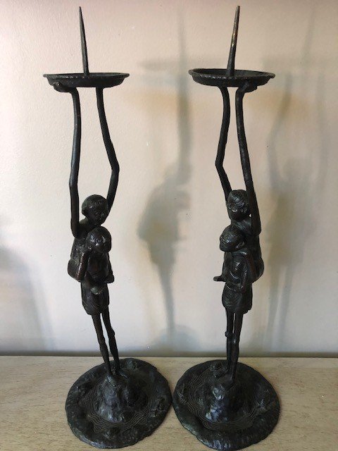 Pair Of Bronze Candlesticks, Asia Late Nineteenth-photo-2