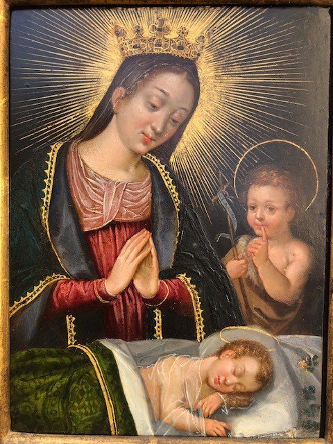 Virgin And Child And Saint John The Baptist, Oil On Copper 17th-photo-2