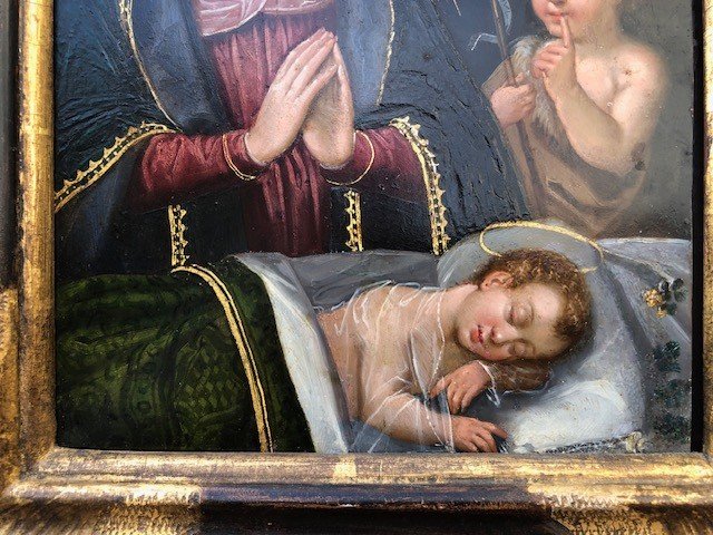 Virgin And Child And Saint John The Baptist, Oil On Copper 17th-photo-4