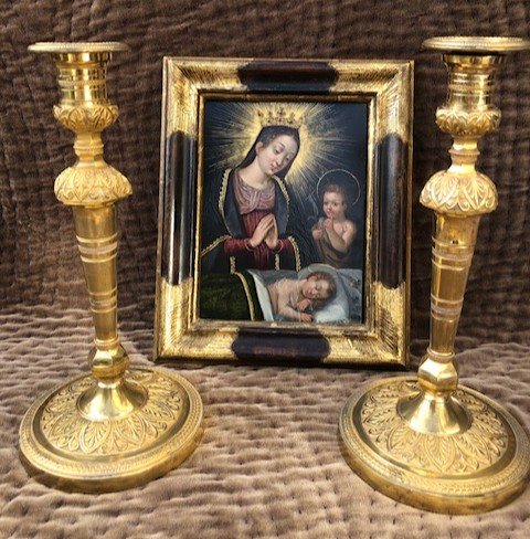 Virgin And Child And Saint John The Baptist, Oil On Copper 17th-photo-2