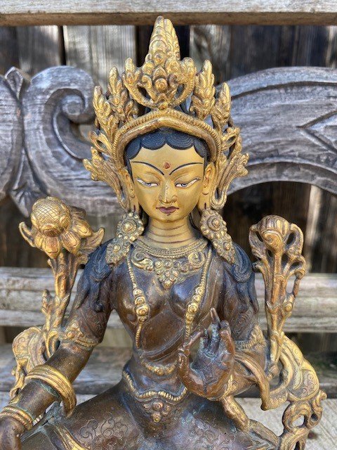 Green Tara / Bronze Female Buddha, Early 20th Century-photo-3