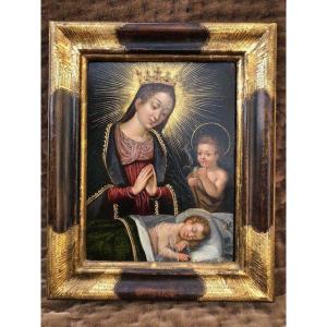 Virgin And Child And Saint John The Baptist, Oil On Copper 17th