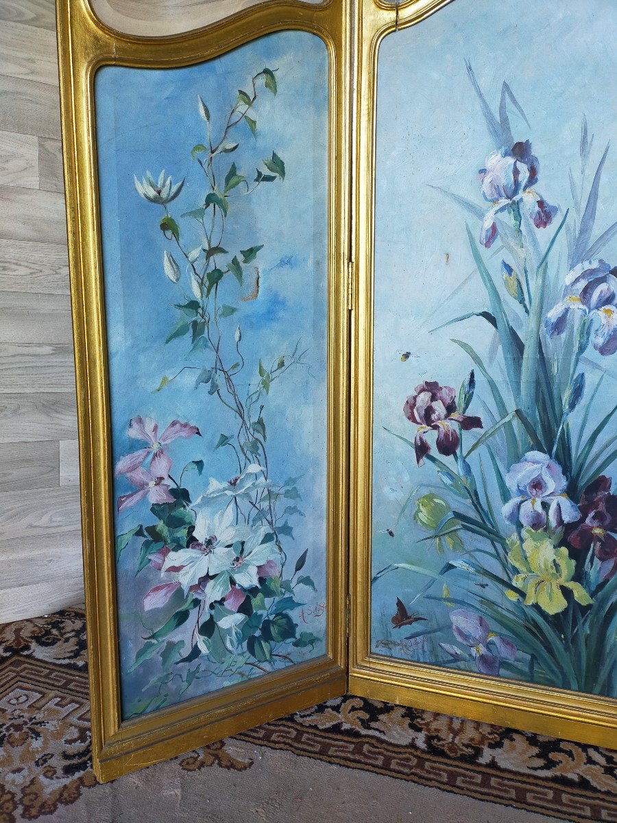 Grand Paravent Art Nouveau Décor Floral Bois Doré Peint Sur Toile -photo-4