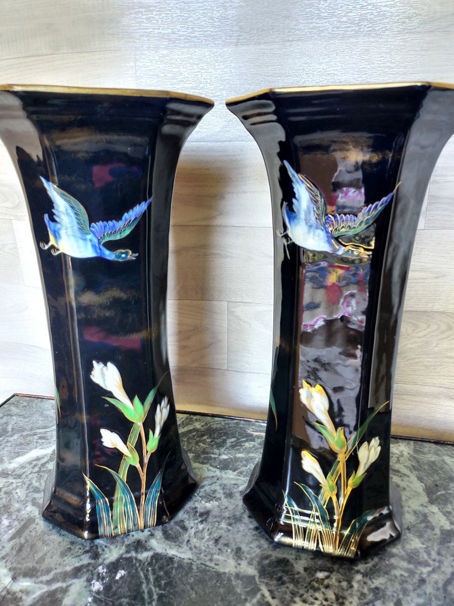 Paire De Vases Keller Et Gu&eacute;rin  D&eacute;cor Libellules Et Oiseaux -photo-6