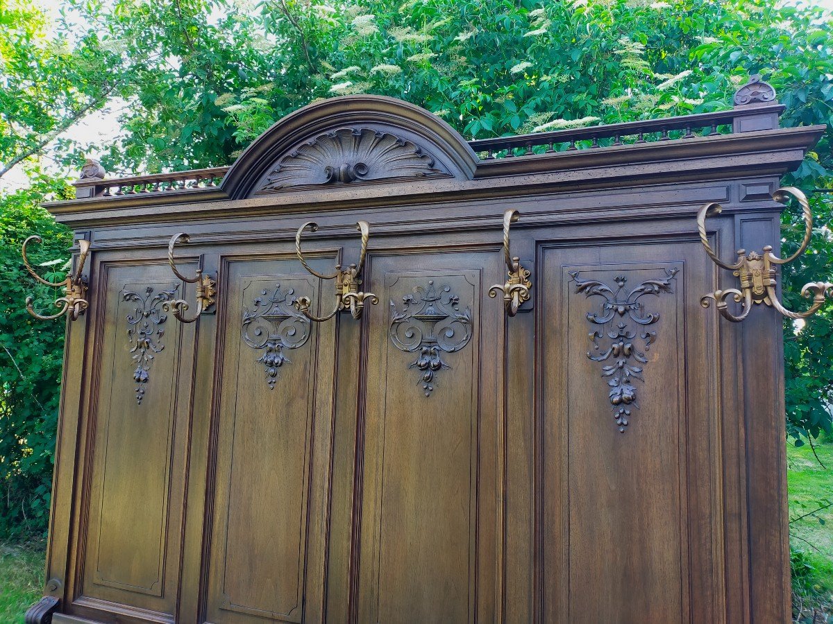 Banc Coffre Porte Manteaux Néogothique En Noyer ( Vestiaire, Néo Gothique)-photo-1