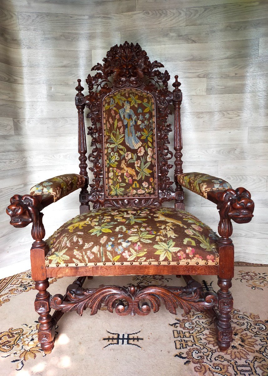 Proantic Spectacular Ceremonial Armchair Decorated With Lion Heads