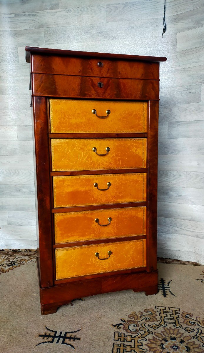 Cartonnier In Flamed Mahogany Writing Desk And Inkwell Louis Philippe 