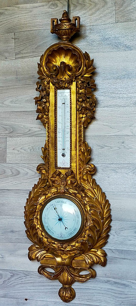 Grand Barom&eacute;tre En Bois Dor&eacute; Louis XVI Thermom&egrave;tre 