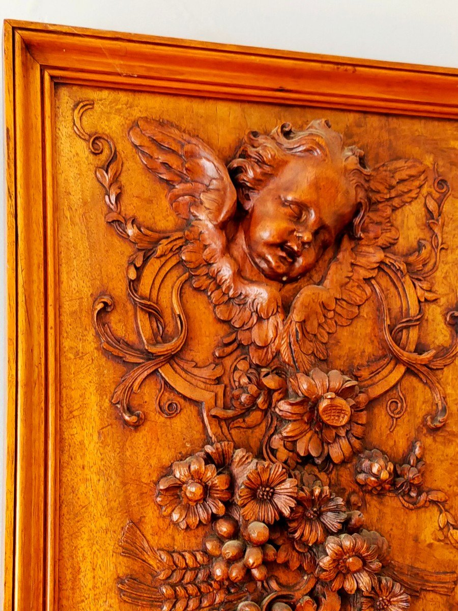 Panneau De Bois Sculpt&eacute; D&eacute;cor Ange Et Guirlande De Fleurs et bl&eacute; (angelot putti putto)-photo-3