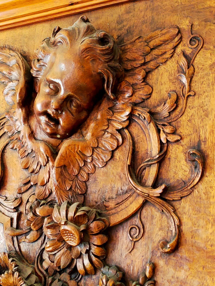 Panneau De Bois Sculpt&eacute; D&eacute;cor Ange Et Guirlande De Fleurs et bl&eacute; (angelot putti putto)-photo-1