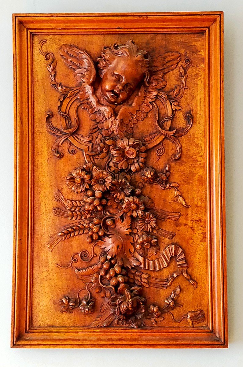 Panneau De Bois Sculpt&eacute; D&eacute;cor Ange Et Guirlande De Fleurs et bl&eacute; (angelot putti putto)