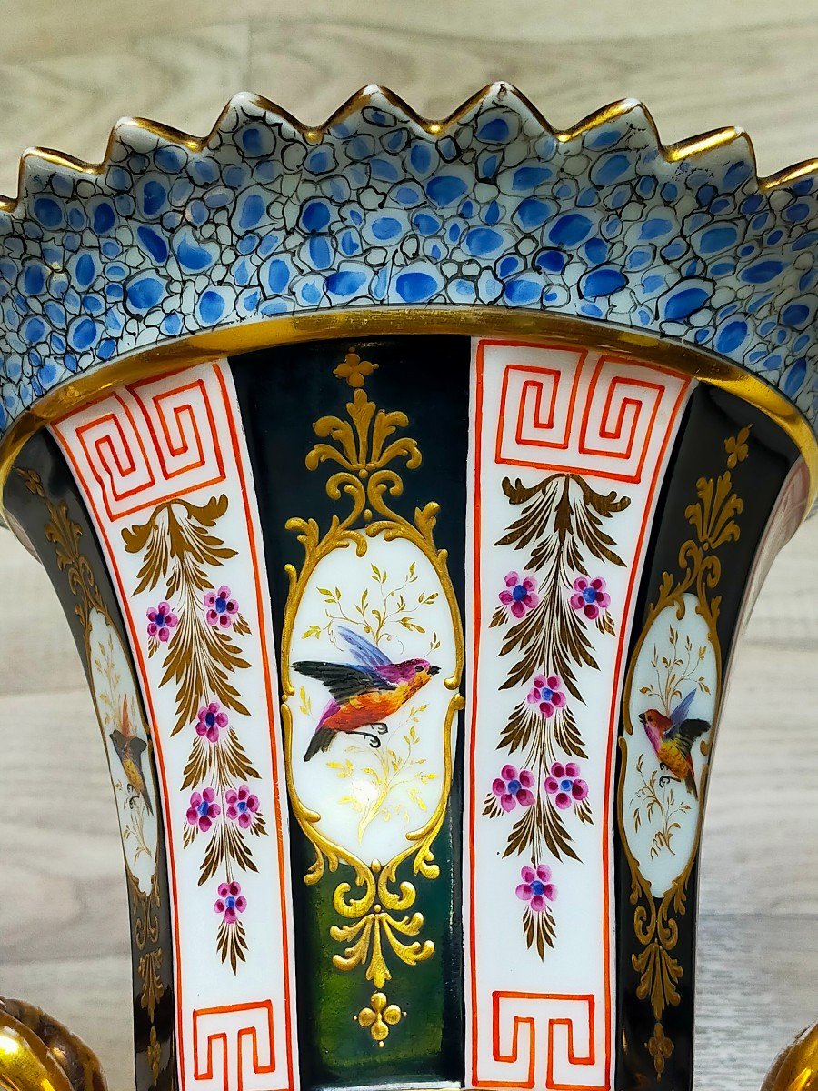 Paire De Vases Médicis En Porcelaine De Paris Décor Oiseaux Charles X -photo-6