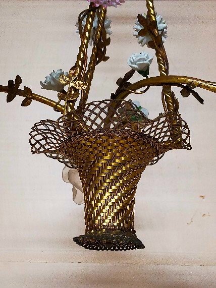 Lustre Panier De Fleurs Bronze Et Porcelaine -photo-2