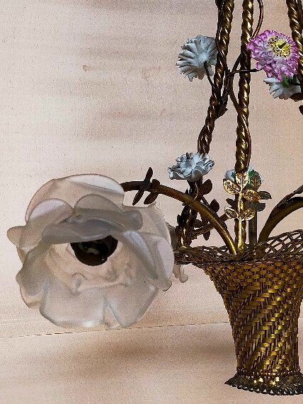 Lustre Panier De Fleurs Bronze Et Porcelaine -photo-3