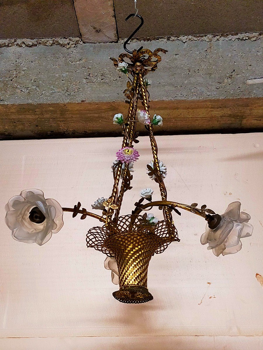 Bronze And Porcelain Flower Basket Chandelier -photo-1