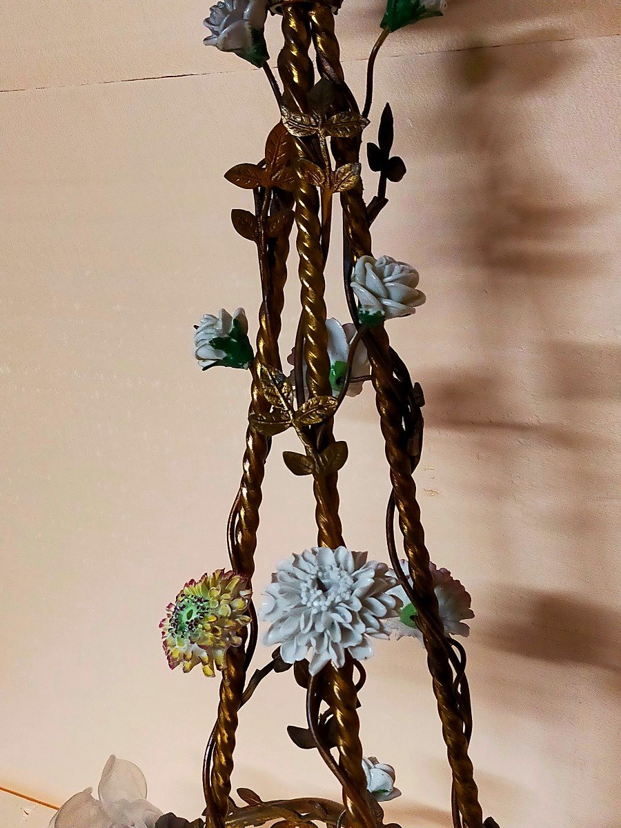 Bronze And Porcelain Flower Basket Chandelier -photo-2