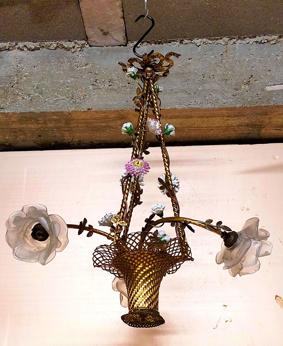 Bronze And Porcelain Flower Basket Chandelier 