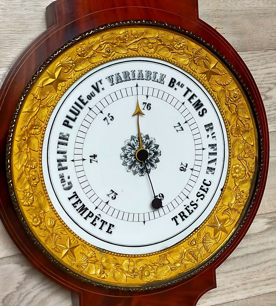 Large Mahogany And Gilt Bronze Barometer Thermometer -photo-3