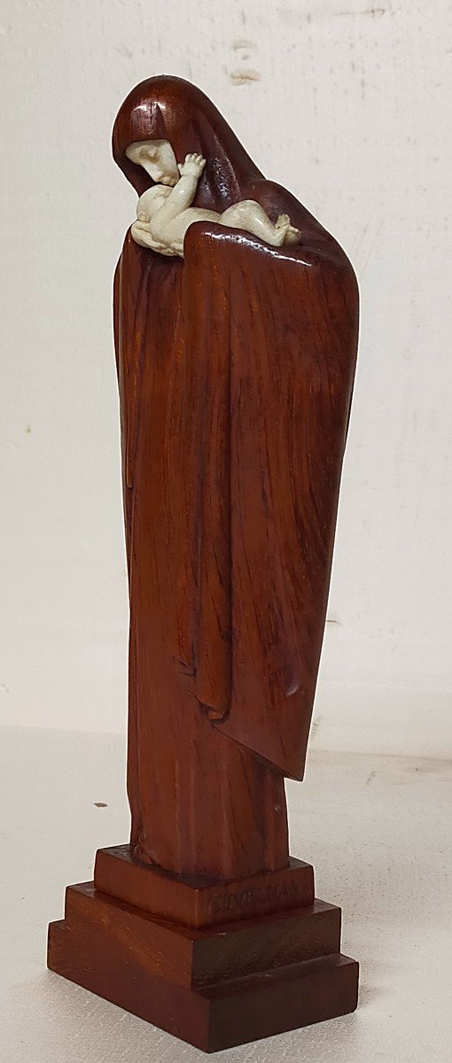 Lucienne Heuvelmans Sculpture Chryséléphantine Vierge a l'enfant Bois Et Ivoire Art Deco 