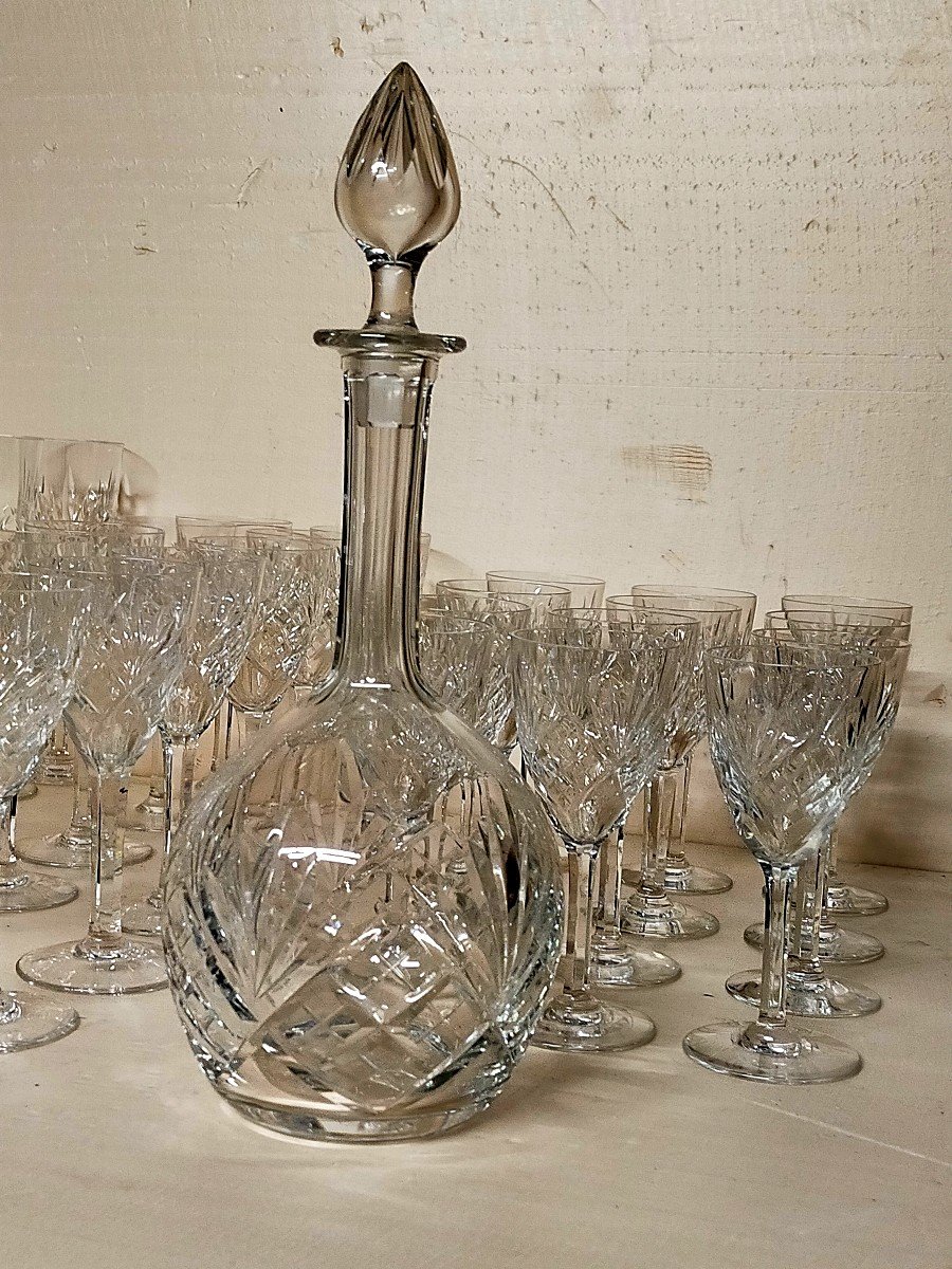 Complete Saint Louis Chantilly Crystal Service 48 Glasses, Pitcher, Carafe, Fruit Desert Service-photo-2