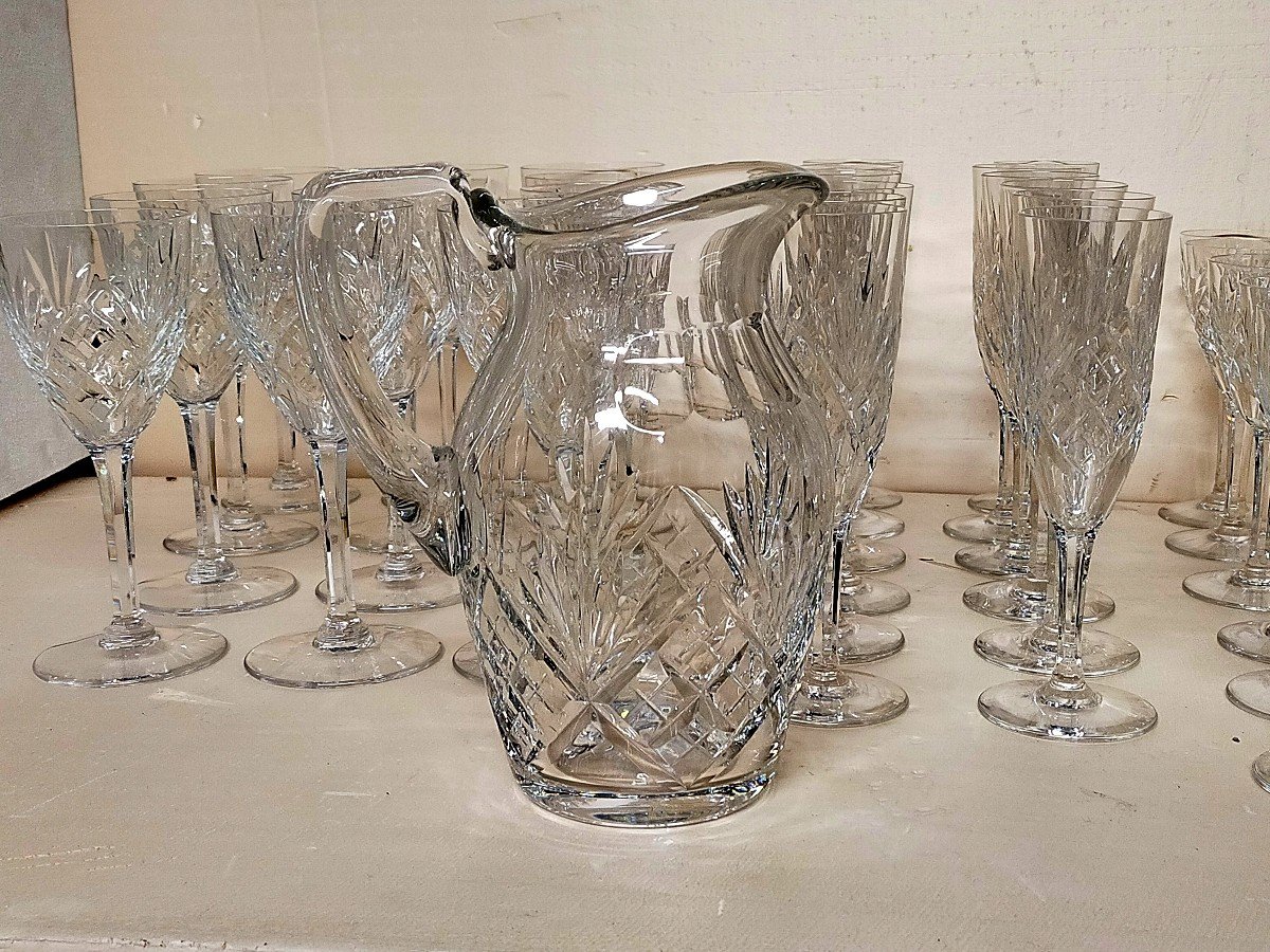 Complete Saint Louis Chantilly Crystal Service 48 Glasses, Pitcher, Carafe, Fruit Desert Service-photo-3