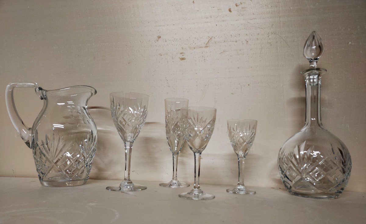 Complete Saint Louis Chantilly Crystal Service 48 Glasses, Pitcher, Carafe, Fruit Desert Service-photo-5