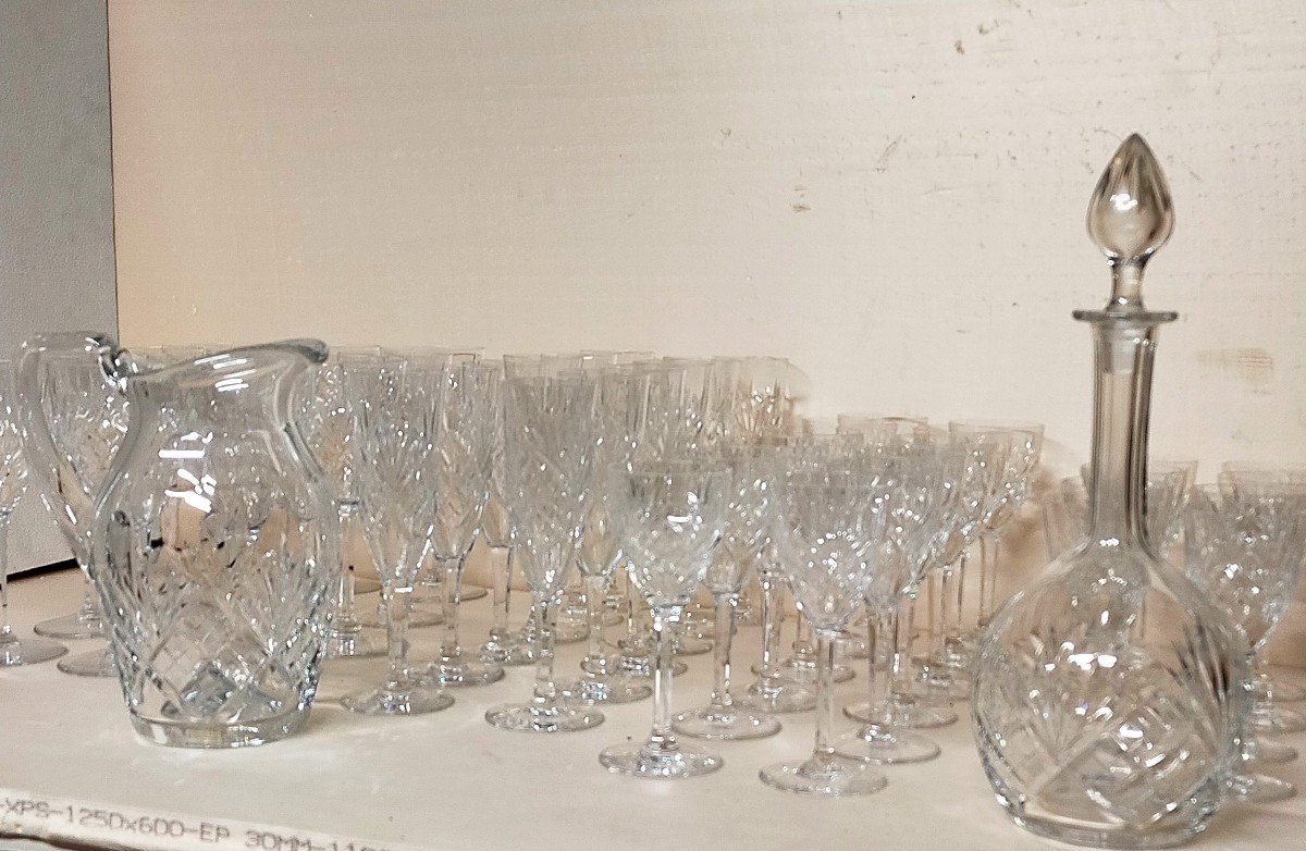 Complete Saint Louis Chantilly Crystal Service 48 Glasses, Pitcher, Carafe, Fruit Desert Service