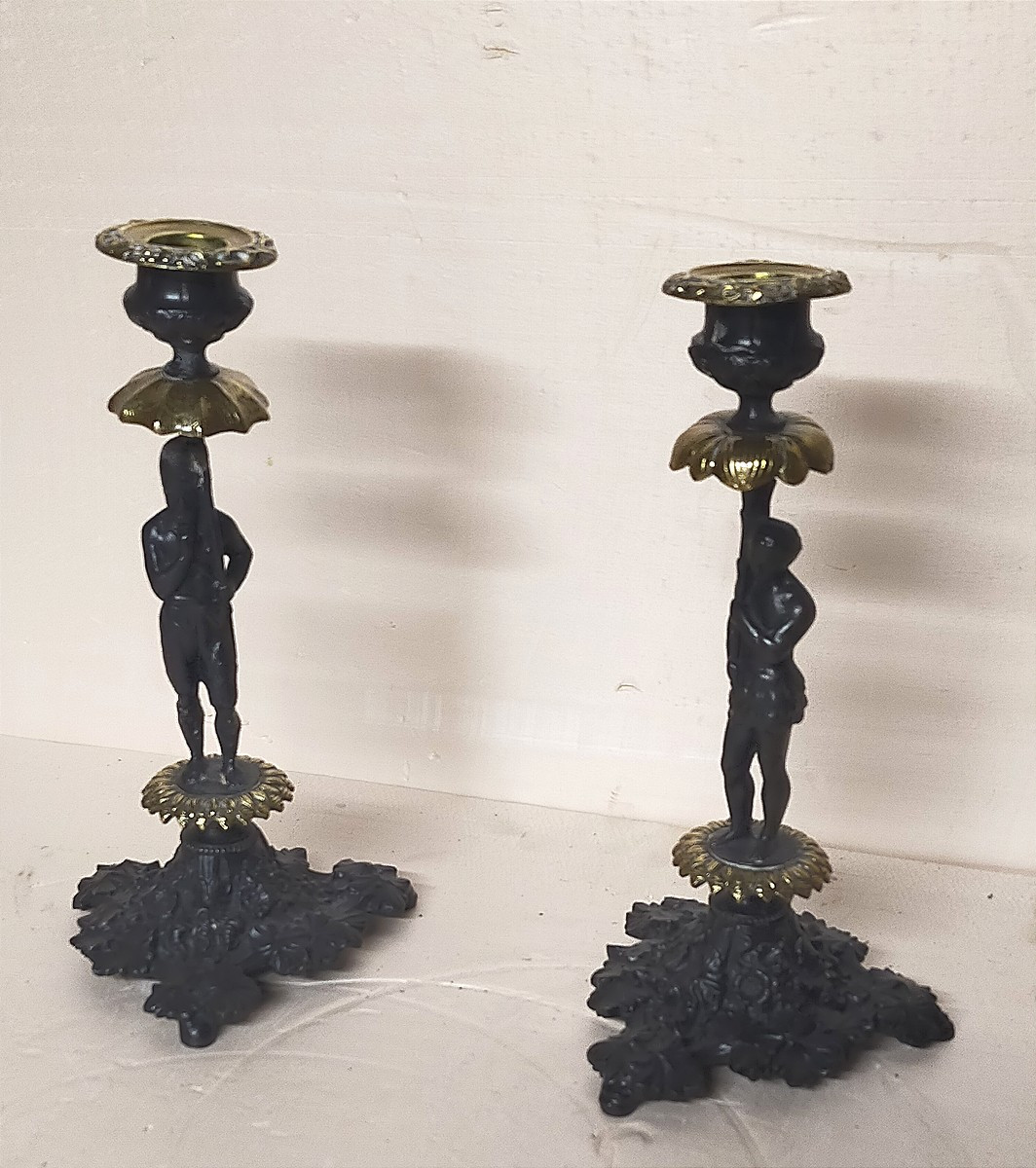 Pair Of Bronze Candlesticks With Oriental Figures 