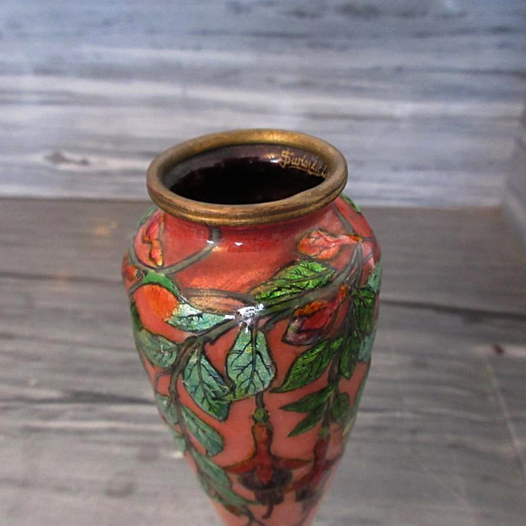 Jules Sarlandie Enamel Vase Limoges Fuchsia Decor-photo-1