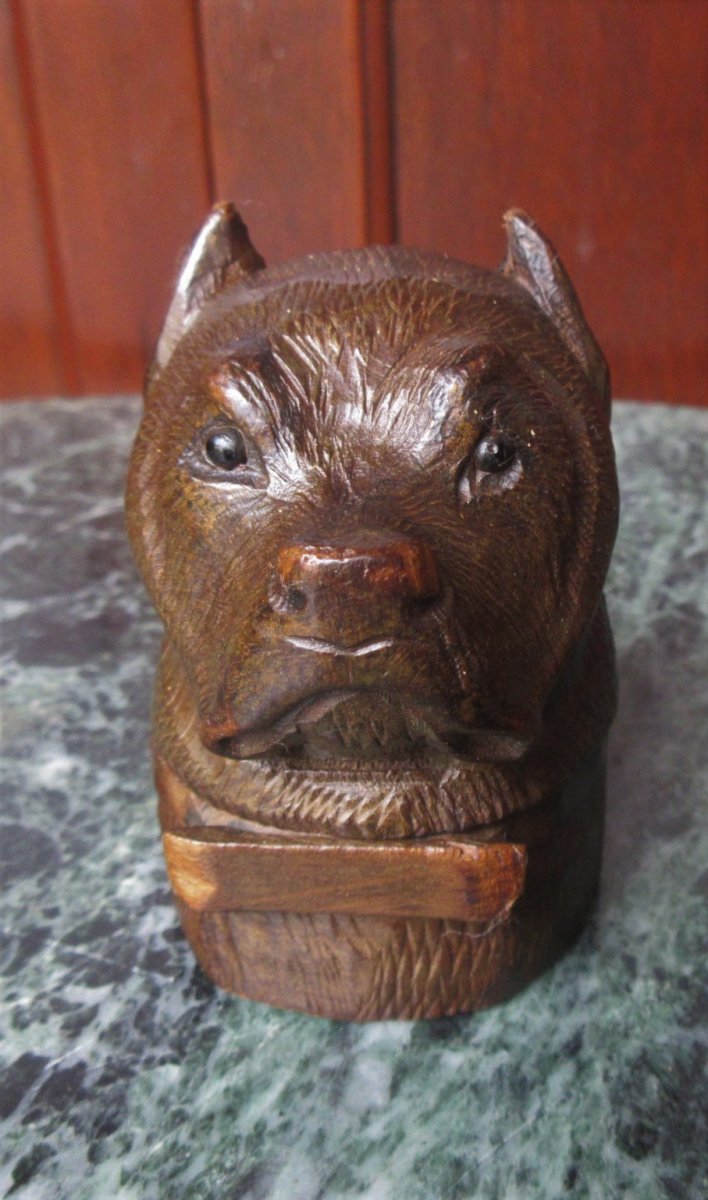 Inkwell Carved Wood Dog Head Work Black Drill-photo-1