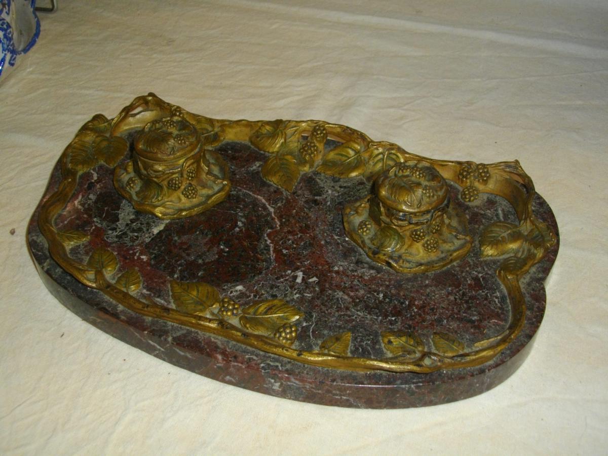 encrier en bronze art nouveau decor de mures signe-photo-3