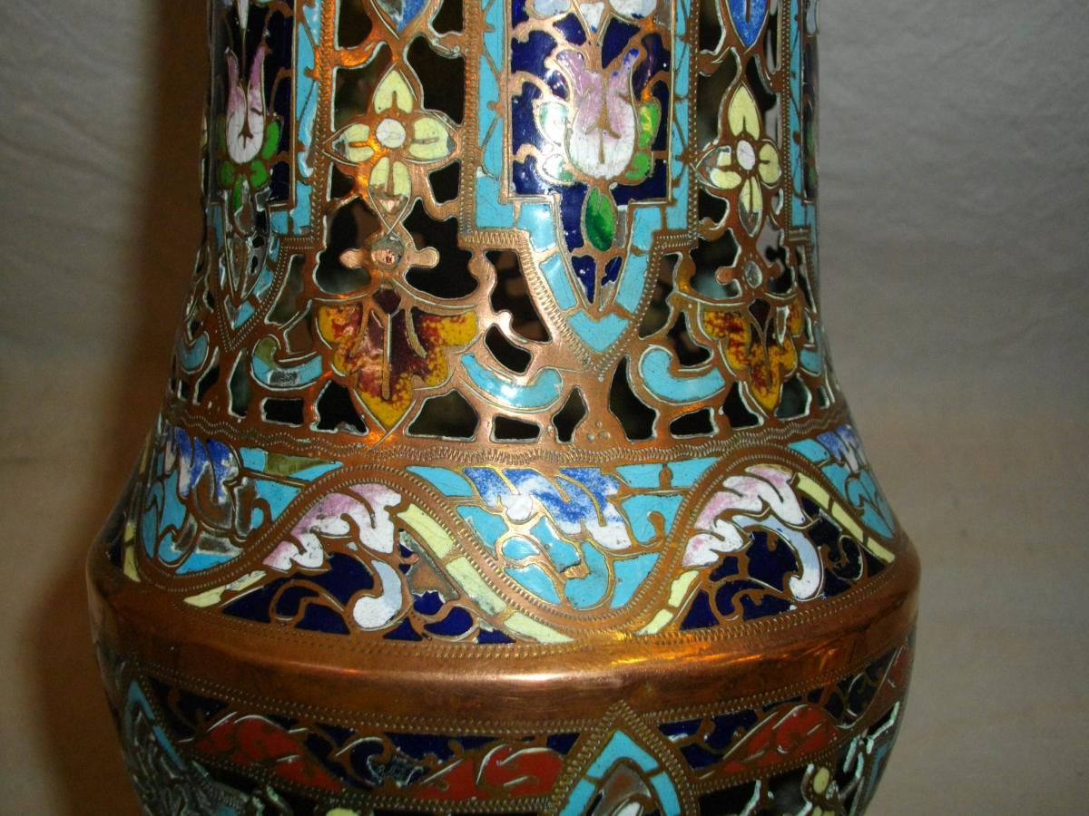 Grand Vase En &eacute;maux Cloisonn&eacute;s Et Bronze 19eme -photo-3
