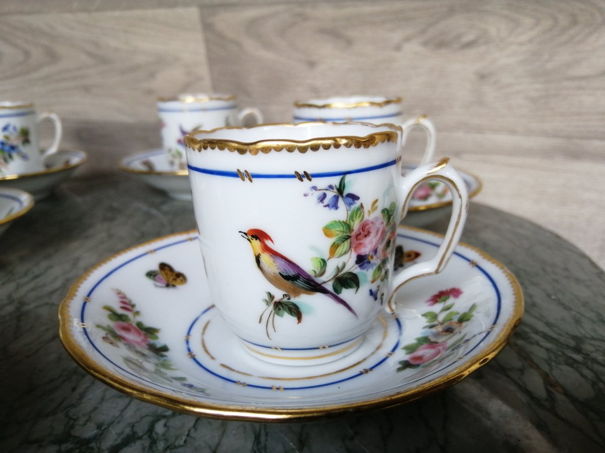 Porcelain Coffee Cup Service Decor Parrots And Butterflies (sèvres Paris)-photo-3