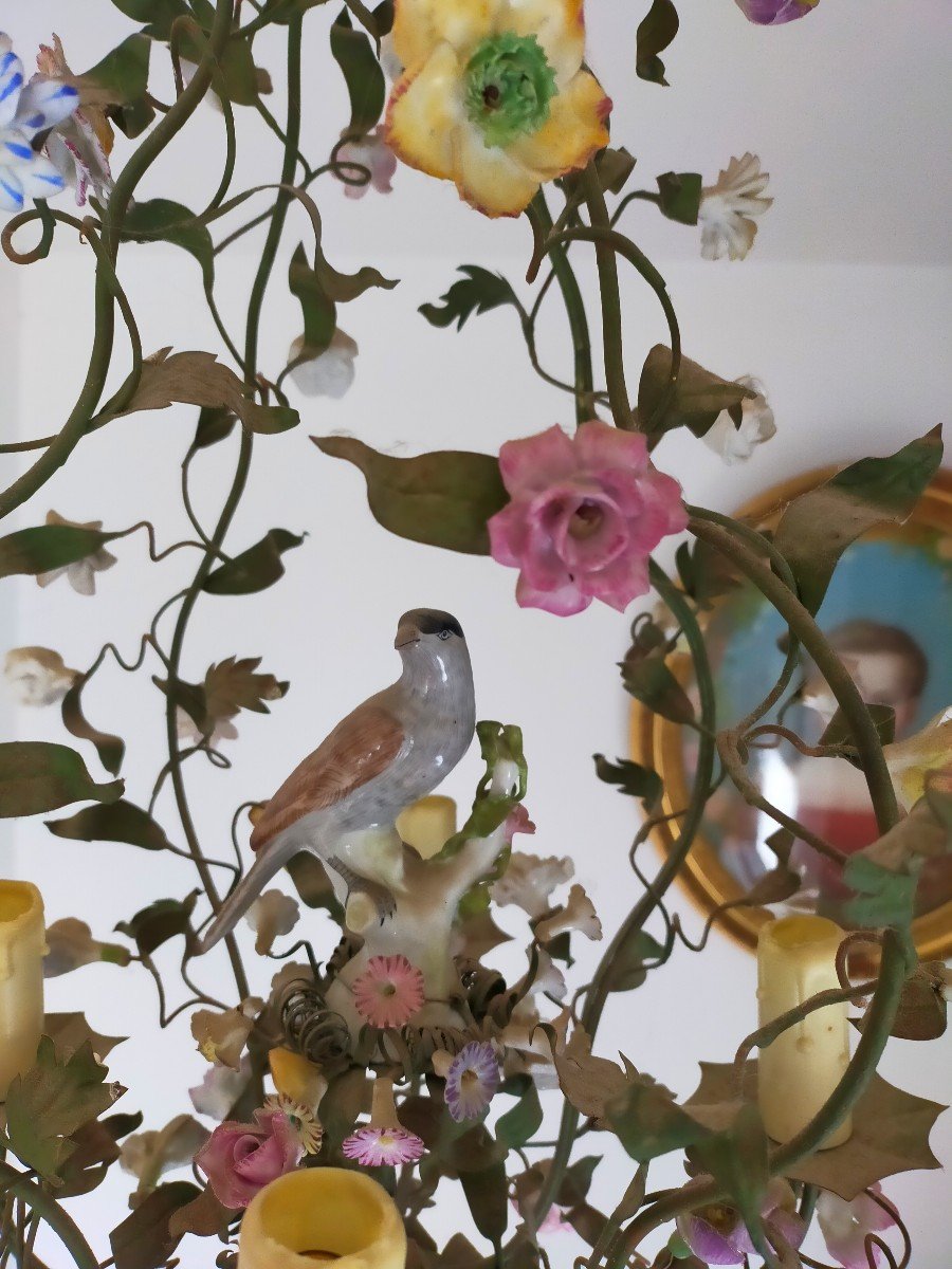 Cage Chandelier Foliage And Porcelain Flowers-photo-2