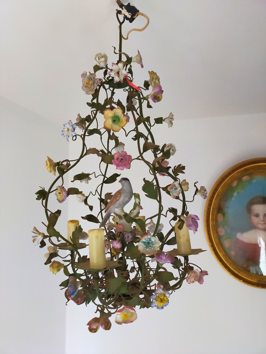 Cage Chandelier Foliage And Porcelain Flowers-photo-1