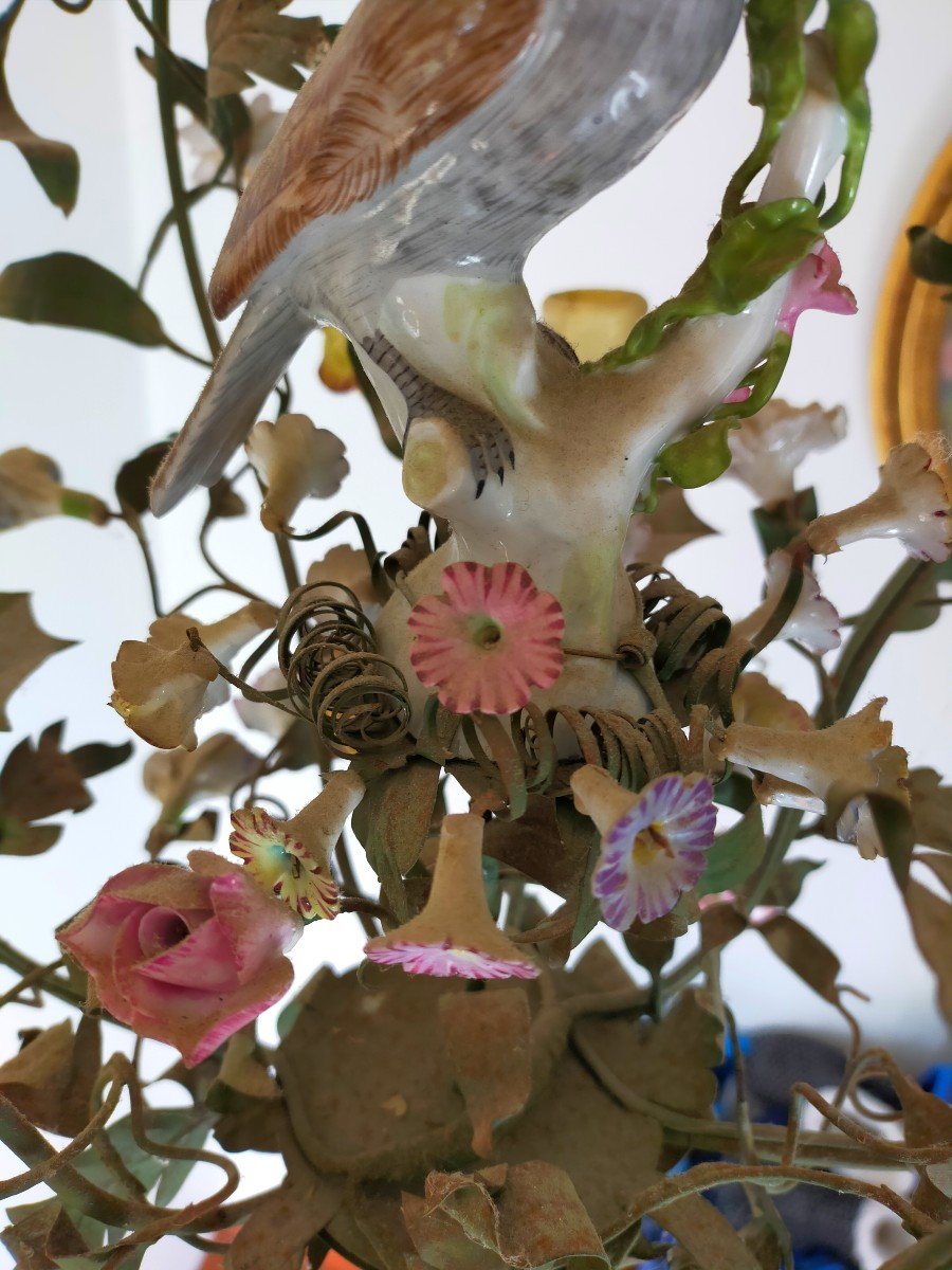 Cage Chandelier Foliage And Porcelain Flowers-photo-2