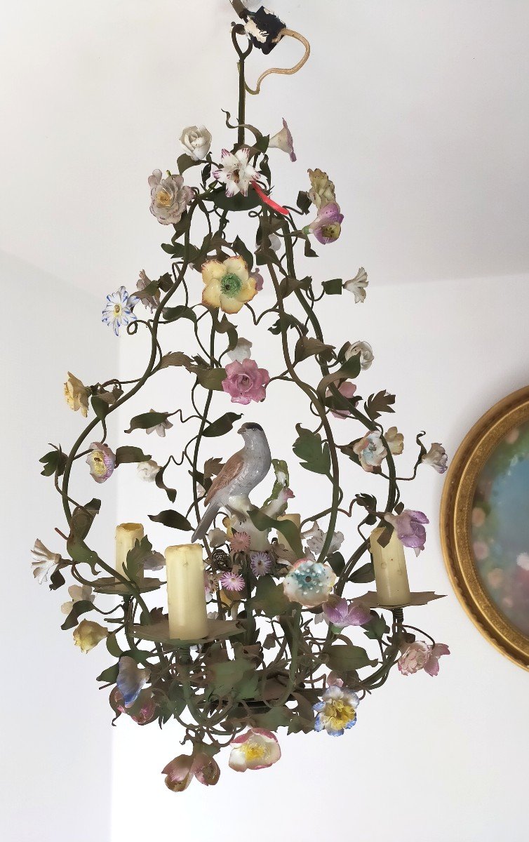 Cage Chandelier Foliage And Porcelain Flowers