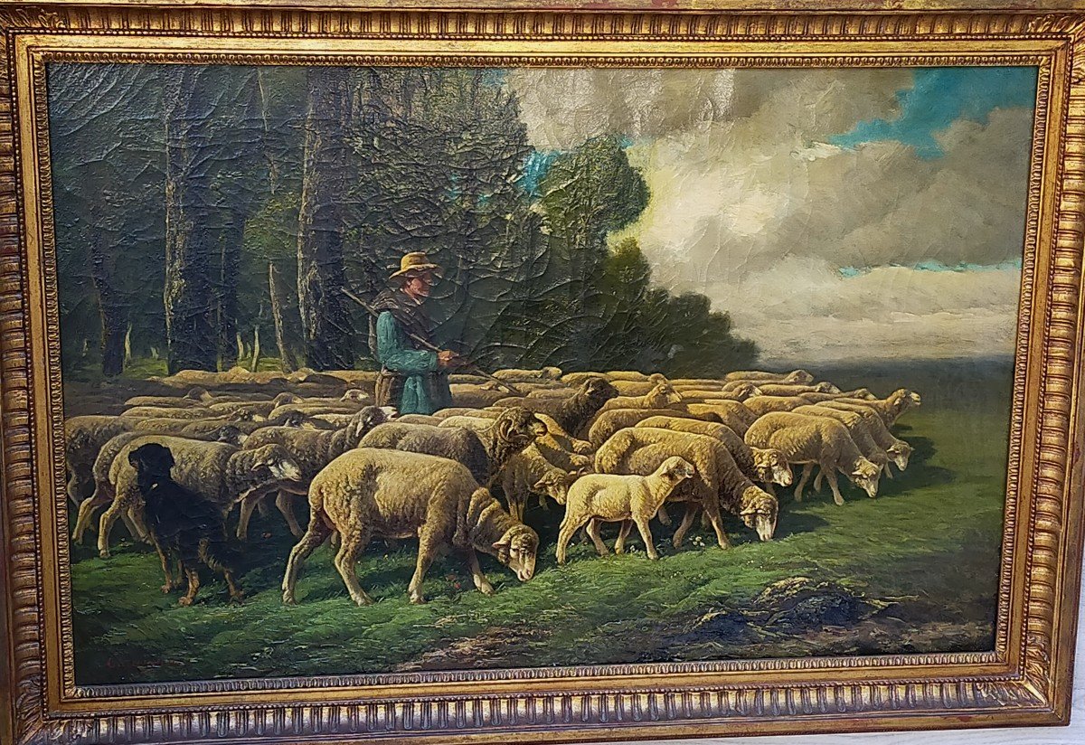 Charles Ferdinand Ceramano Le Berger Et Ses Moutons Barbizon