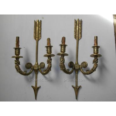 Pair Gilt Bronze Sconces Arrow Decor Fou Du Roi