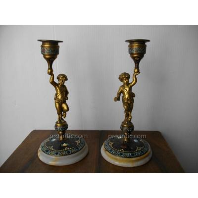 Paire Bougeoirs,chandeliers Bronze Et Cloisonn&eacute;