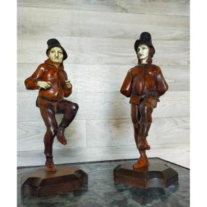 Pair Of Chryselephantine Characters Wood And Ivory School Simon Troger