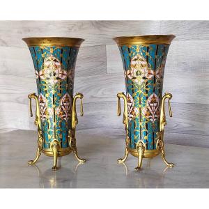 Paire De Vases En &eacute;mail Cloisonn&eacute; Et Bronze Sign&eacute;  Barbedienne 