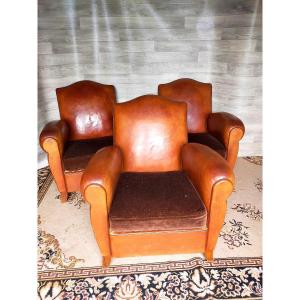 Three Art Deco Leather Club Armchairs