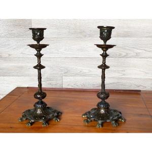 Pair Of Art Nouveau Bronze Candlesticks 